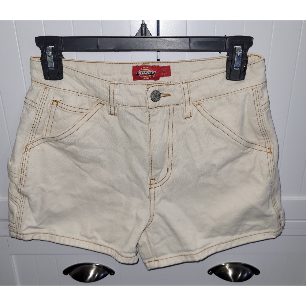 Dickies Girl Cream Carpenter Shorts High Waisted Utility Denim Off White Size 0